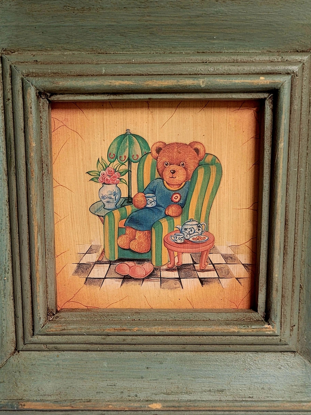 Vintage Teddy Bear Wall Art in Green Frame